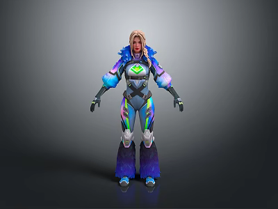 3D Model Of Female Character In Colorful Futuristic Armor With Glowing Elements 3d model