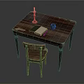 Rustic Wooden Table With Vintage Chair Candle Book Cup And Scissors