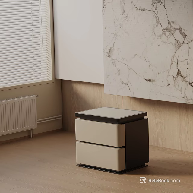 Modern Bedside Table With Drawers And Marble Wall Art Near Window Blinds 3d model