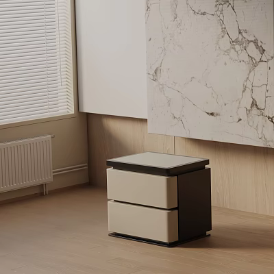 Modern Bedside Table With Drawers And Marble Wall Art Near Window Blinds 3d model