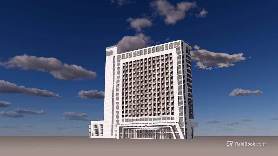 Modern White High Rise Office Building With Large Windows And Blue Sky 3d model 