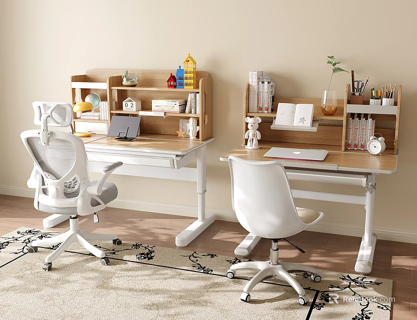 Adjustable Height Children's Desk with Bookshelf and Ergonomic Chair for Kids Study 3d model 