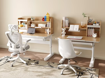 Adjustable Height Children's Desk with Bookshelf and Ergonomic Chair for Kids Study 3d model