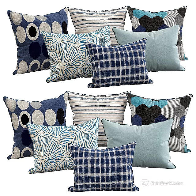 Stylish Decorative Throw Pillows With Polka Dots Striped Plaid And Blue Tones For Home Decor 3d model 