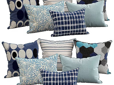 Stylish Decorative Throw Pillows With Polka Dots Striped Plaid And Blue Tones For Home Decor 3d model