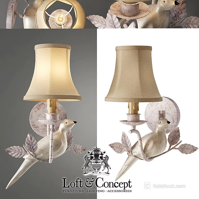 Decorative Wall Lamp With White Bird Leaf Design And Beige Fabric Shade 3d model 