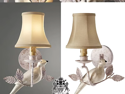 Decorative Wall Lamp With White Bird Leaf Design And Beige Fabric Shade 3d model