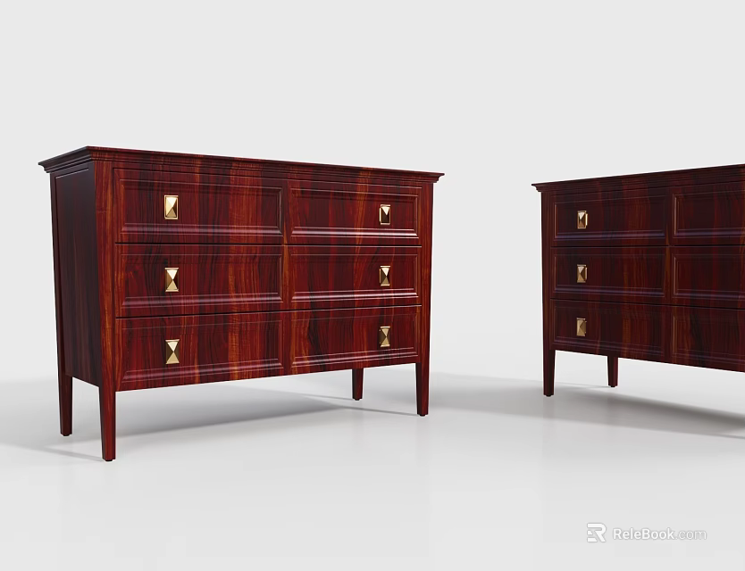 Wooden Console And Side Cabinet With Dark Red Finish And Metal Handle Drawers 3d model 