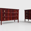 Wooden Console And Side Cabinet With Dark Red Finish And Metal Handle Drawers