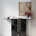 Modern Console Table Black Marble Design With Wall Painting Table Lamp And Decorative Items