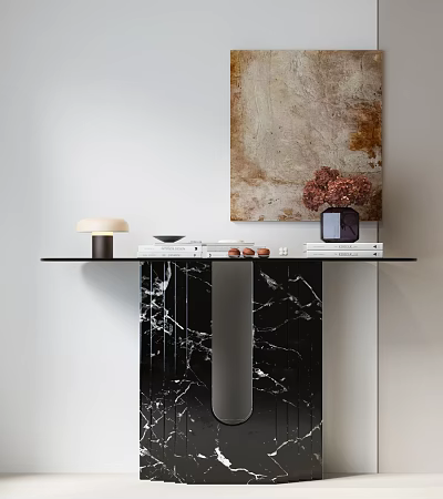 Modern Console Table Black Marble Design With Wall Painting Table Lamp And Decorative Items 3d model