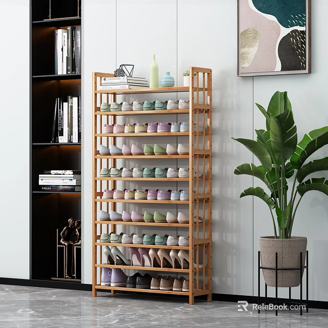 Modern Wooden Shoe Rack With Multiple Shelves Holding Colorful Shoes And Home Decor 3d model 