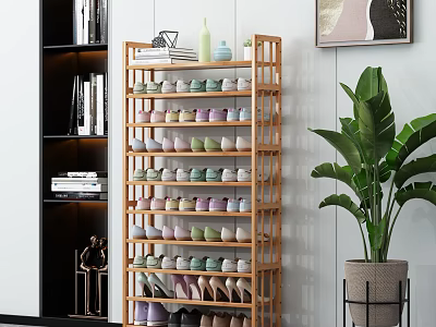 Modern Wooden Shoe Rack With Multiple Shelves Holding Colorful Shoes And Home Decor 3d model