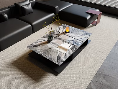 Modern Marble Top Coffee Table In Living Room With Black Leather Sofa And Decorative Accents 3d model