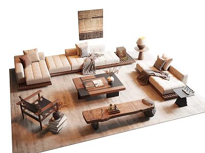 Modern Sofa and Coffee Table Combination With Wooden Tables Decorative Pillows And Throw Blankets 3d model