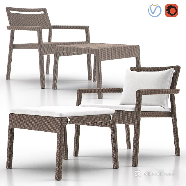 Brown Rattan Leisure Chair With White Cushion And Matching Ottoman 3d model 