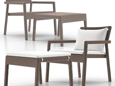 Brown Rattan Leisure Chair With White Cushion And Matching Ottoman 3d model