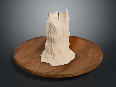 Textured White Candle Holder With Natural Stump Design On Round Wooden Tray 3d model