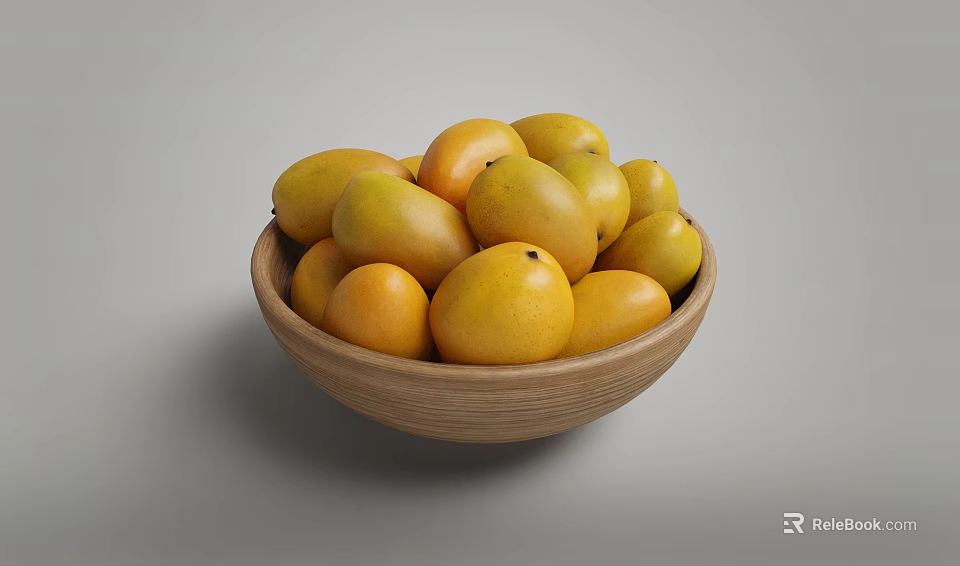 Fresh Ripe and Juicy Yellow Mangoes Arranged in a Wooden Bowl 3d model 