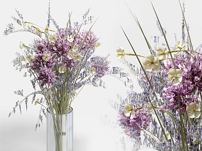 Purple and White Flowers in Transparent Glass Vase with Green Grasses for Home Decor 3d model