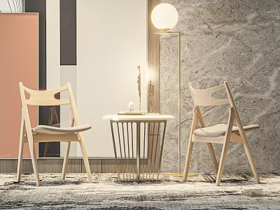 Light Wood Accent Chairs With Side Table Floor Lamp And Marble Wall In Modern Space 3d model