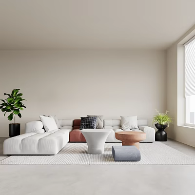 Modern Minimalist Sofa Coffee Table Set With White Cushions Brown Tables Green Plants And Rug 3d model