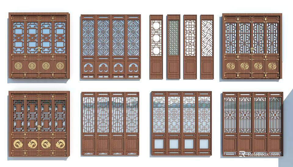Traditional Chinese Wooden Doors With Intricate Carved Patterns And Glass Panels 3d model 