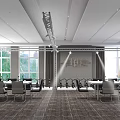 Modern Conference Room with Pendant Lights Tables Chairs Decorative Paintings and Carpet