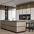 Modern Kitchen Interior With Wooden Island Counter And Two Tone Cabinets And Black Bar Stools