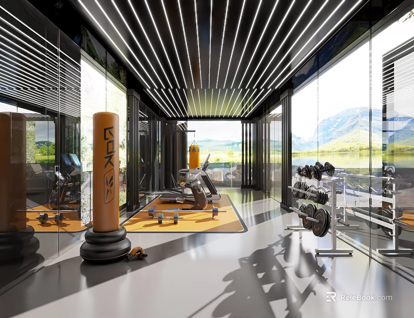Spacious Modern Fitness Gym With Floor to Ceiling Windows Mountain View And Workout Equipment 3d model 