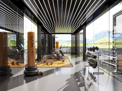 Spacious Modern Fitness Gym With Floor to Ceiling Windows Mountain View And Workout Equipment 3d model
