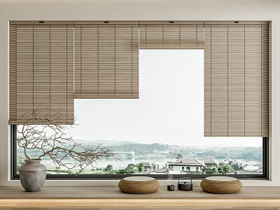 Natural Bamboo Blinds For Window With Scenic View And Ceramic Vase Decor 3d model