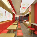Modern Restaurant Interior Design With Red Seats Wooden Walls And Display Cases
