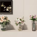 Three Glass Vases With Colorful Flowers On Shelf And Floral Wall Art Decor