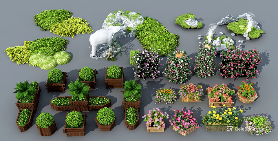 Diverse Garden Ornaments Featuring Potted Plants Colorful Flowers Green Shrubs Stone Accents And Decorative Planters 3d model 