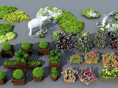 Diverse Garden Ornaments Featuring Potted Plants Colorful Flowers Green Shrubs Stone Accents And Decorative Planters 3d model