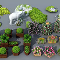 Diverse Garden Ornaments Featuring Potted Plants Colorful Flowers Green Shrubs Stone Accents And Decorative Planters