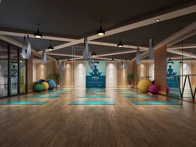 Modern Yoga Fitness Studio With Colorful Exercise Balls Blue Mats And Wooden Floors 3d model