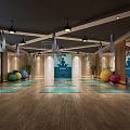 Modern Yoga Fitness Studio With Colorful Exercise Balls Blue Mats And Wooden Floors