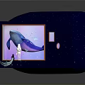 Cartoon Scene With Blue Starry Box Orange Frame Whale Astronaut White Creatures