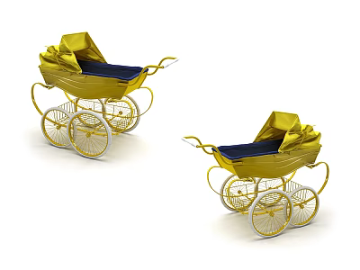 Golden Baby Carriages With Blue Seats And Decorative Wheels Design 3d model
