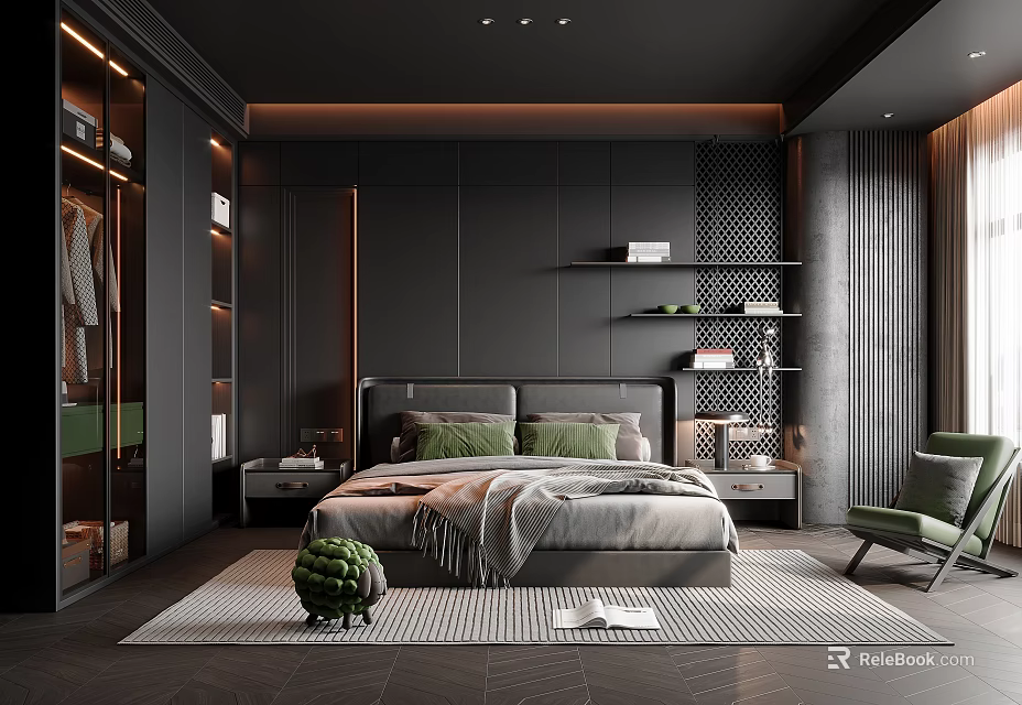 Modern Dark colored Bedroom Interior with Open Wardrobe Bed Nightstand Chair Rug and Green Plant 3d model 