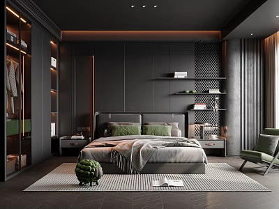Modern Dark colored Bedroom Interior with Open Wardrobe Bed Nightstand Chair Rug and Green Plant 3d model