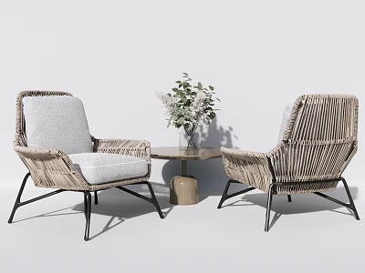 Modern Rattan Table and Chairs Set Featuring Gray Cushions Black Metal Legs and Vase Flowers 3d model
