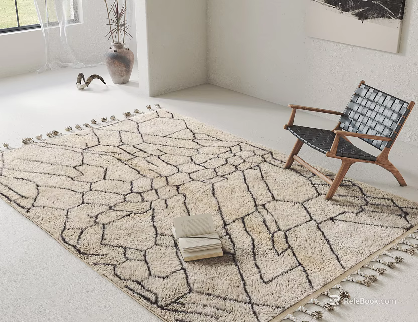 Square Rug With Geometric Pattern And Tassel Edges In Modern Interior With Side Chair And Books 3d model 