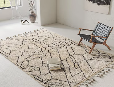 Square Rug With Geometric Pattern And Tassel Edges In Modern Interior With Side Chair And Books 3d model