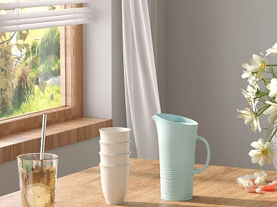Simple Style Tableware Set With Light Blue Pitcher White Cups By Window Warm Light 3d model