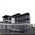 Modern Detached Villa Exterior Design With Large Glass Windows And Courtyard Area