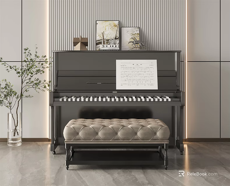 Black Piano And Decorative Paintings In Modern Interior With Music Sheet Tufted Bench 3d model 