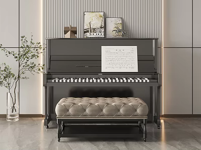 Black Piano And Decorative Paintings In Modern Interior With Music Sheet Tufted Bench 3d model